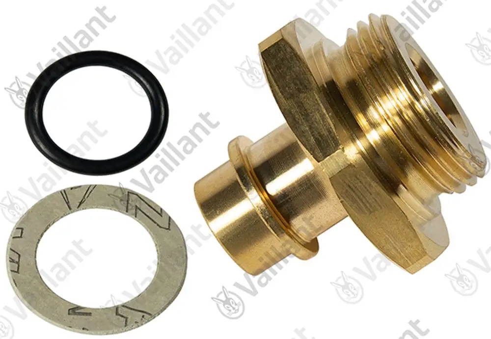 Vaillant Adapter aus Messing, mit O-Ring und Unterlegscheibe, zur Verbindung in Heizungs- und Wasserversorgungssystemen.